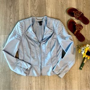 EUC White House Black Market pastel blue zip up cropped jacket, size 8